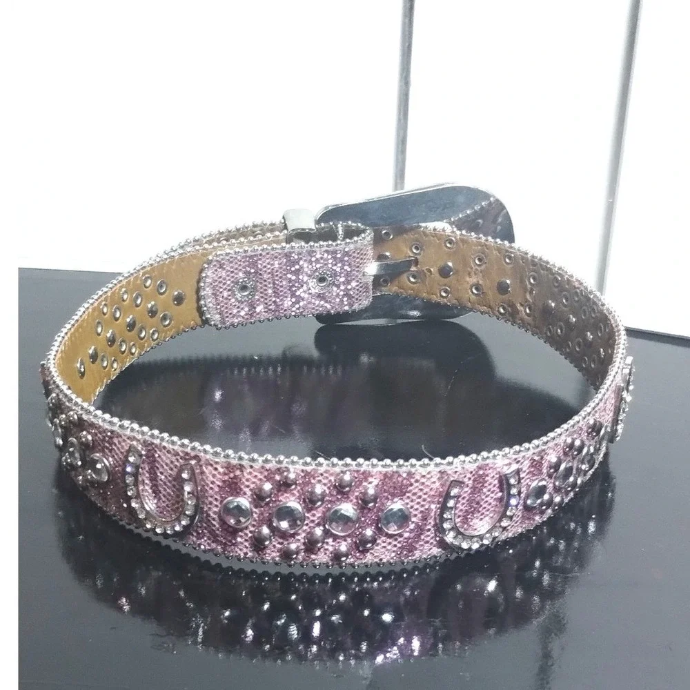 Pink Rhinestone Western Belt Horseshoe Studded Snakeskin Print Silver Buckle